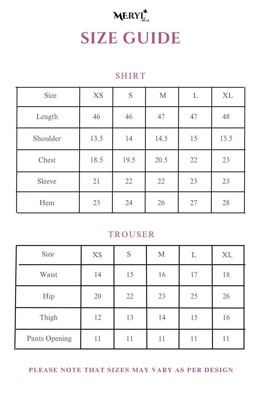 Size chart of an embroidered three piece stitched ready to wear floral dress
