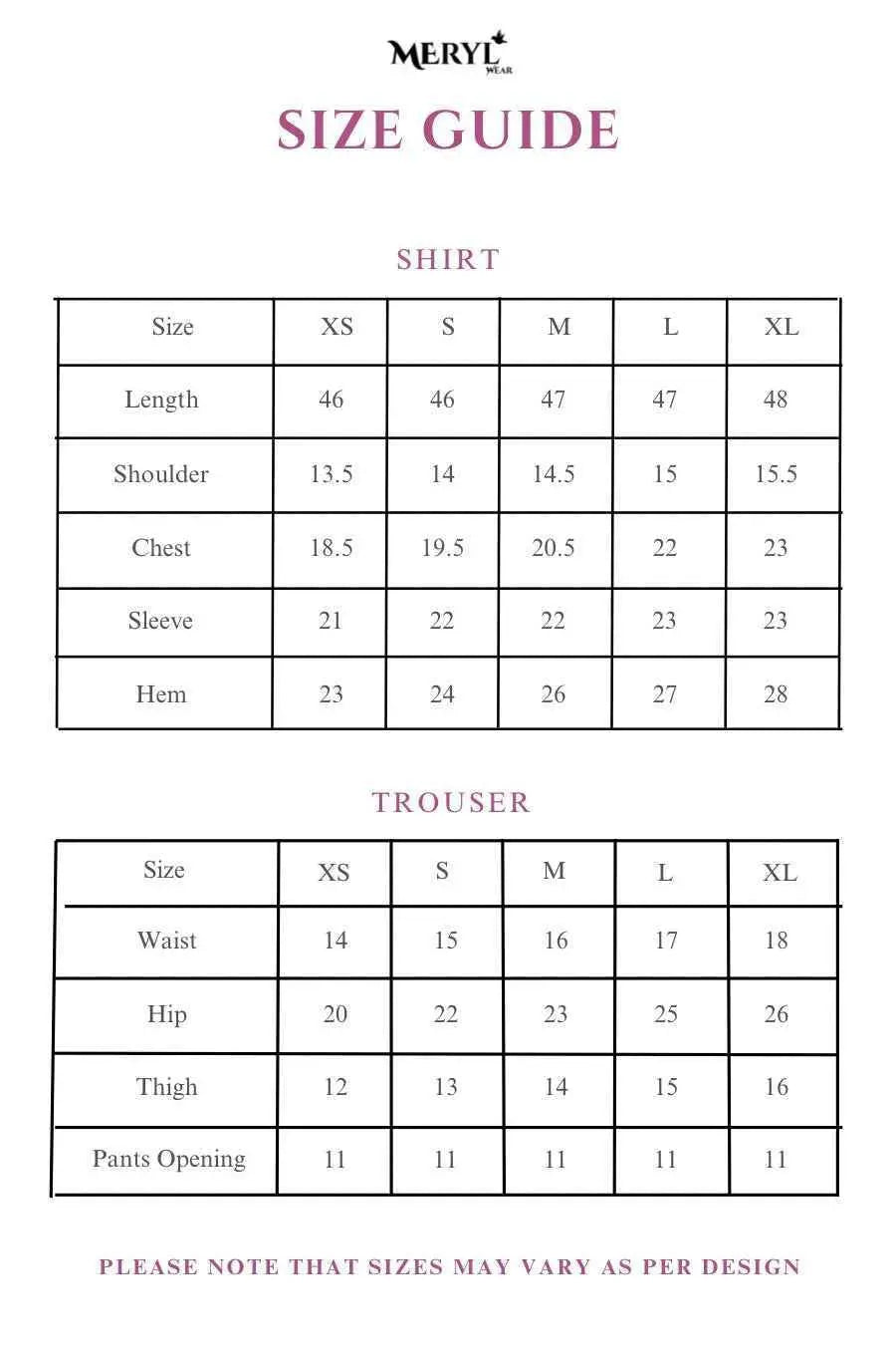 Size chart of an embroidered three piece stitched ready to wear floral dress