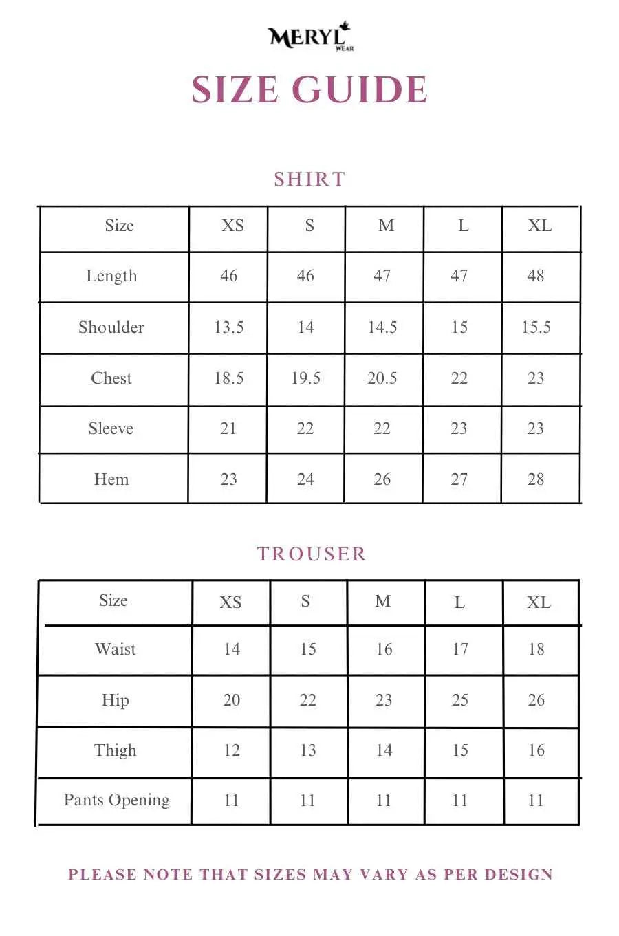 Size chart lawn set – Meryl Wear