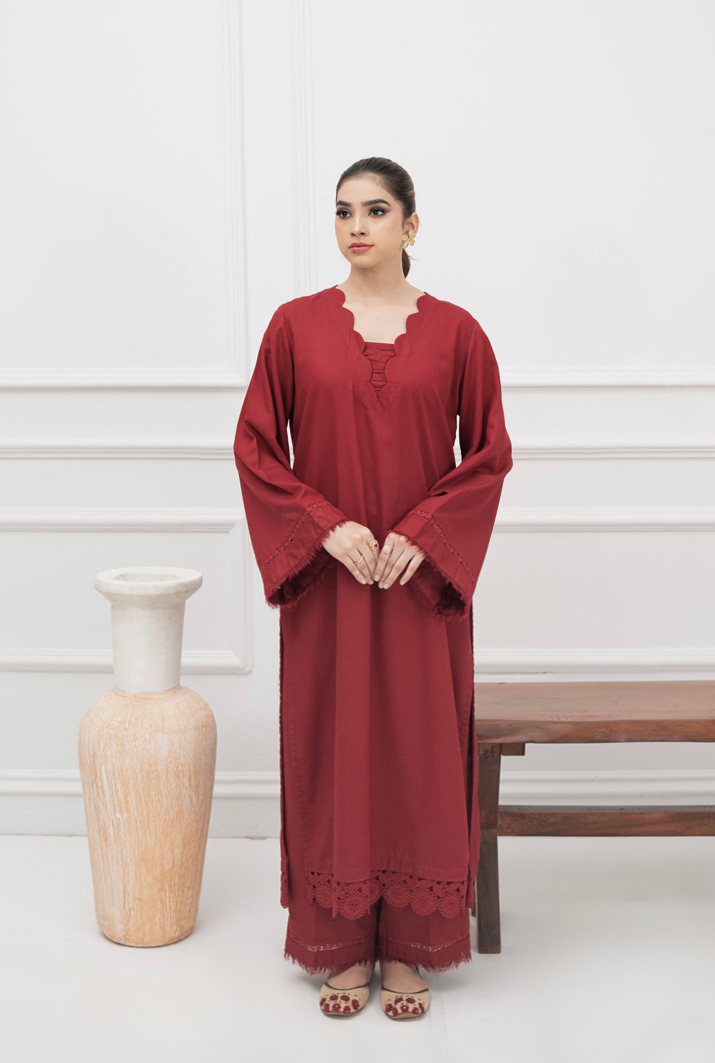 DEEP MAROON KARANDI 2 PCS READY TO WEAR SET (W-1003)