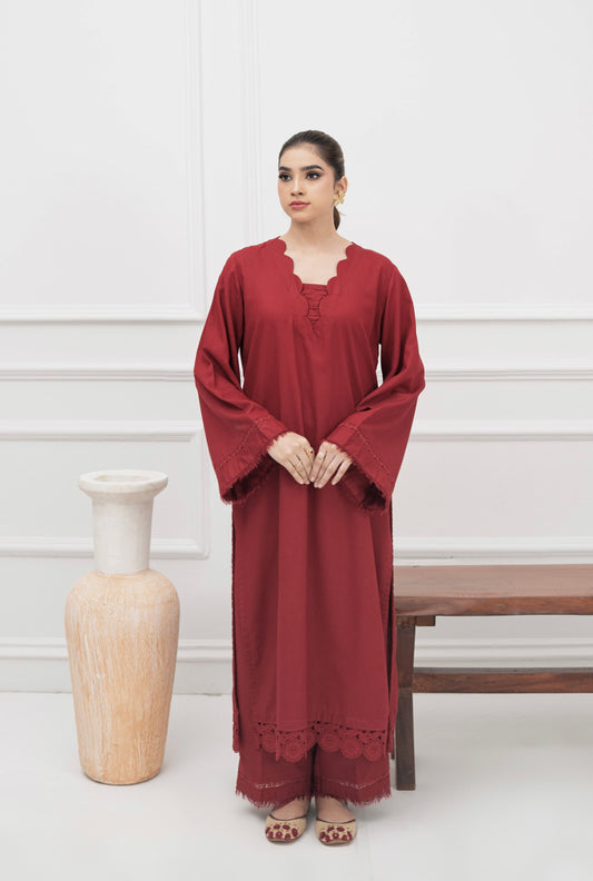 DEEP MAROON KARANDI 2 PCS READY TO WEAR SET (W-1003)