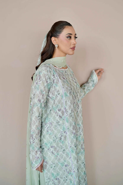 SAGE BREEZE EMBROIDERED 3 PIECES LAWN SET side view - Meryl Wear