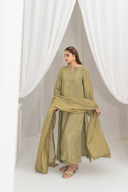 Moss green embroidered silk shirt front view – Meryl Wear