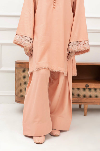 Matching powder pink trousers paired with embroidered karandi kurta for women.