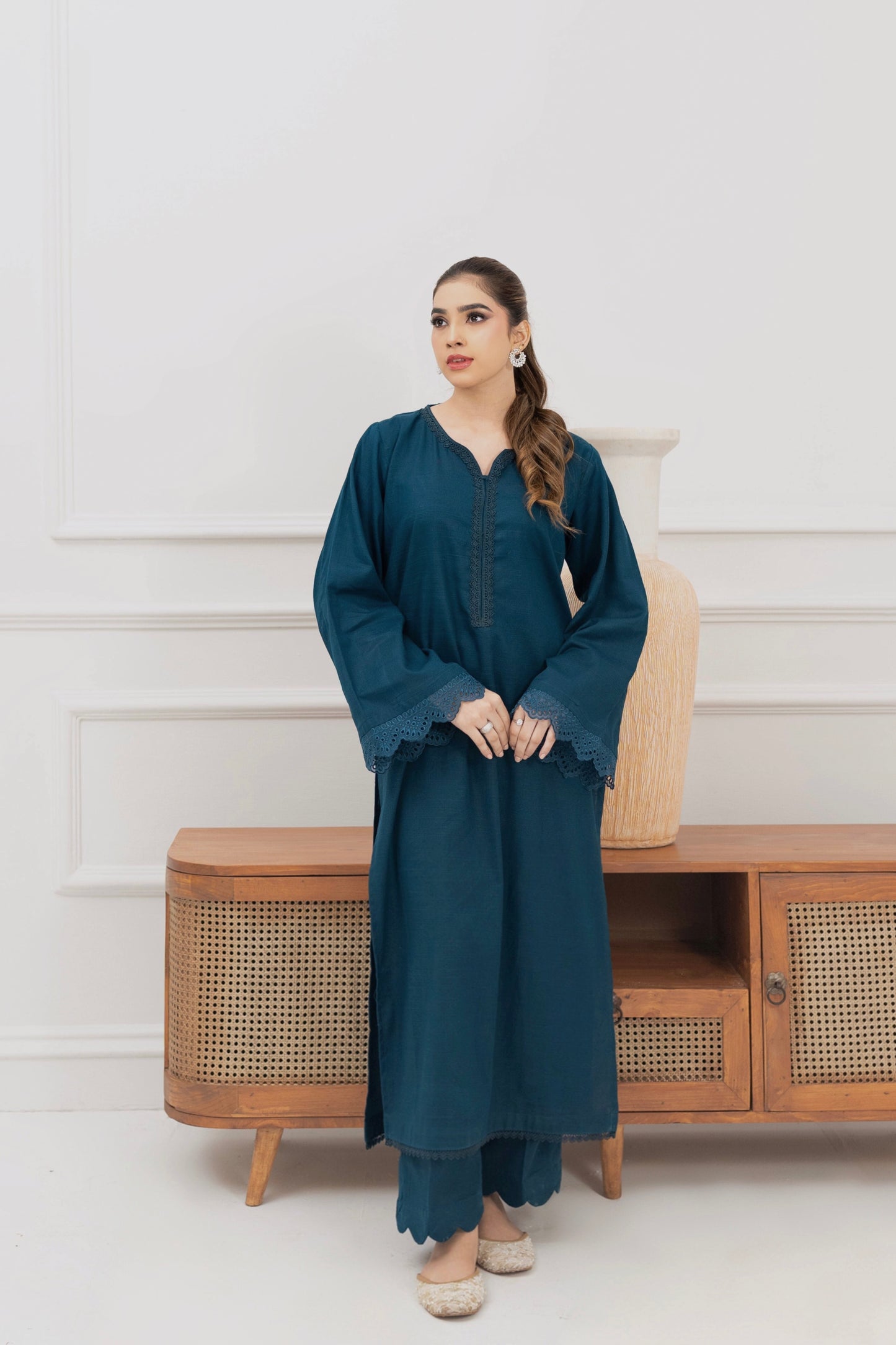 DEEP TEEL KHADDAR 2 PCS READY TO WEAR SET (W-1005)