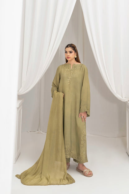 Moss green silk dupatta drape full outfit view – Meryl Wear