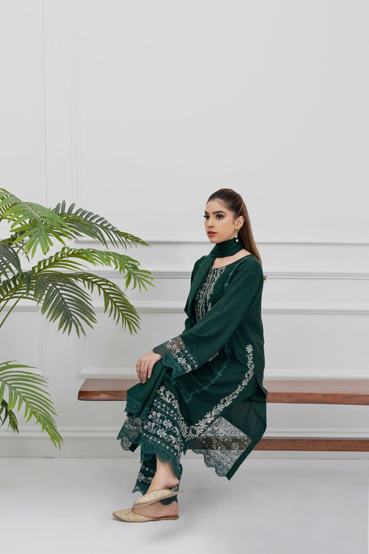 LUXURY GREEN KARANDI 3 PCS READY TO WEAR SET (W-1002)