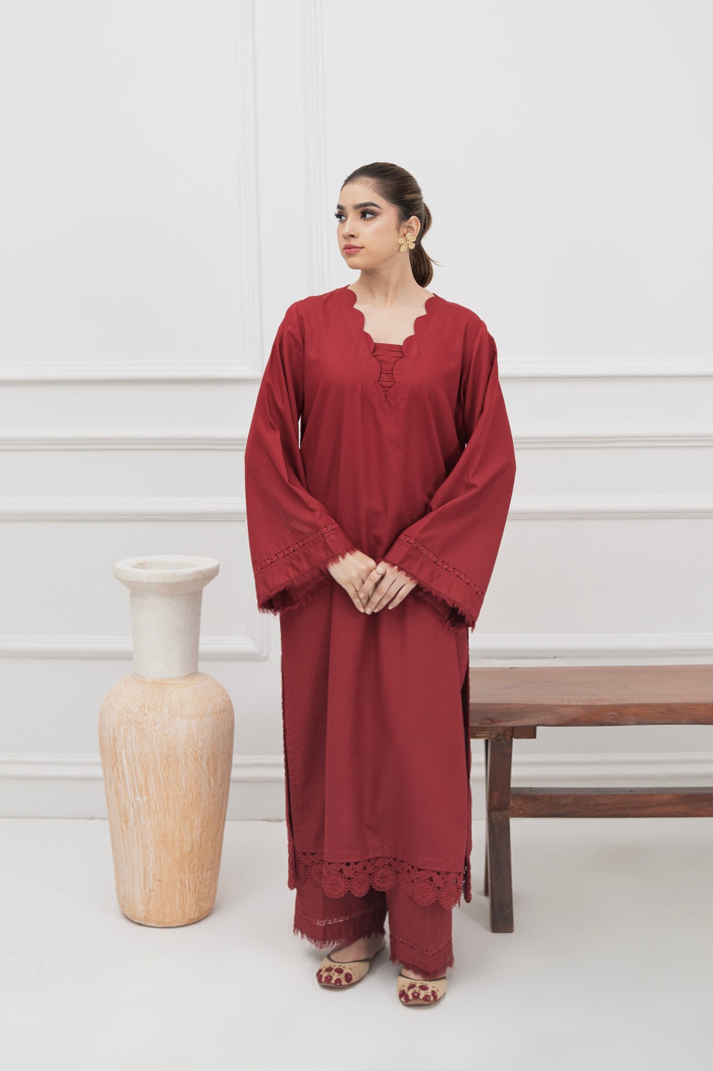 DEEP MAROON KARANDI 2 PCS READY TO WEAR SET (W-1003)