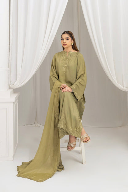 Women's moss green embroidered silk suit – Meryl Wear