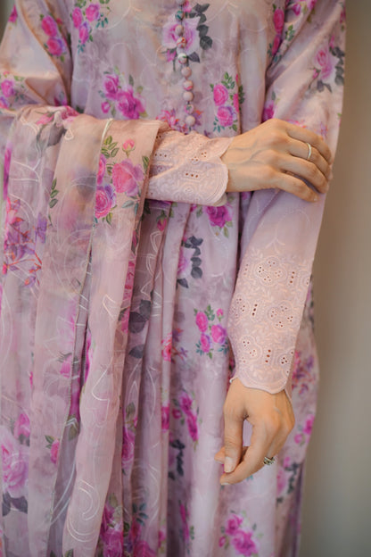 Floral-patterned embroidered pink lawn dress with a focus on the fabric and design - Meryl Wear