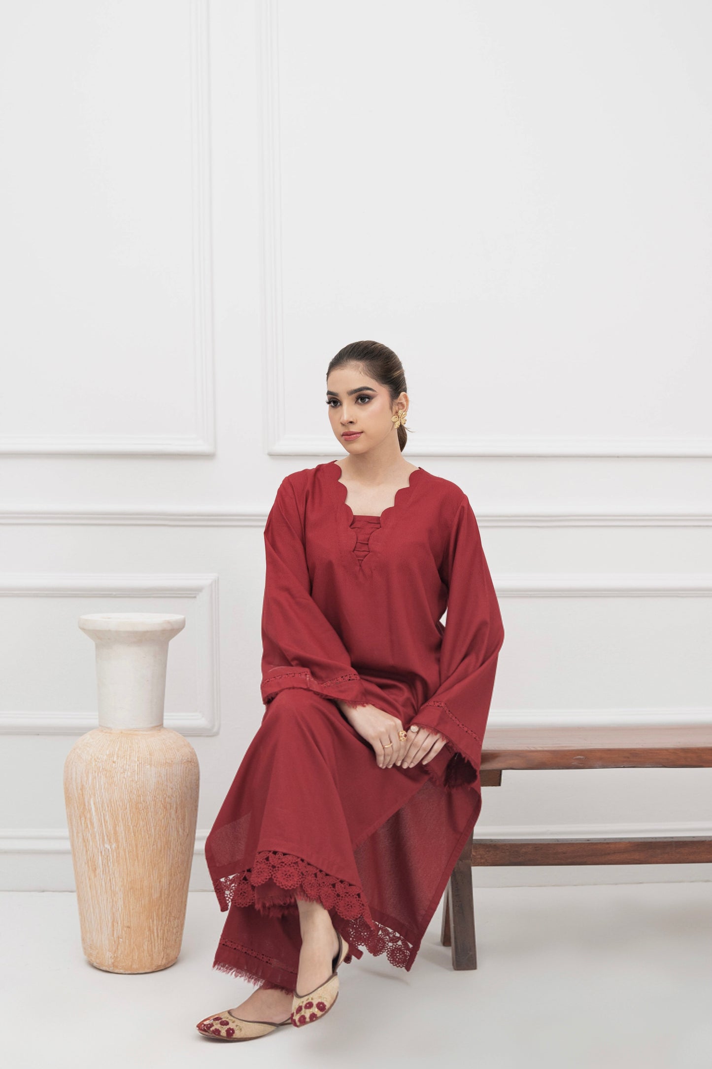 DEEP MAROON KARANDI 2 PCS READY TO WEAR SET (W-1003)