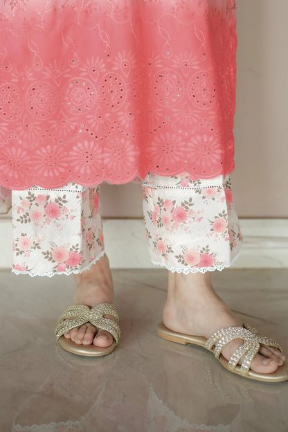 Pink embroidered top and white floral pants - Meryl Wear