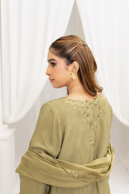 Moss green embroidered silk back view – Meryl Wear