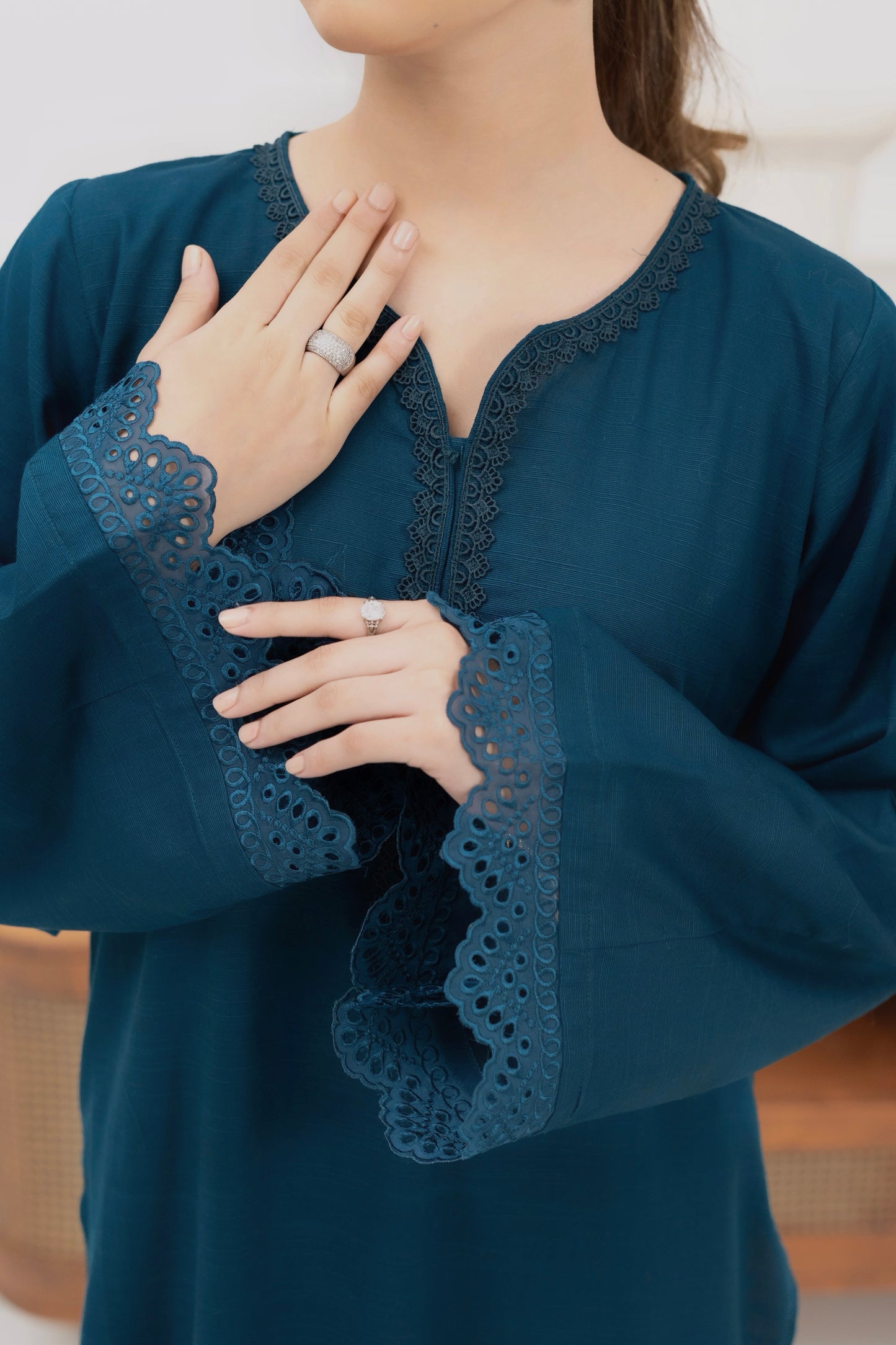 DEEP TEEL KHADDAR 2 PCS READY TO WEAR SET (W-1005)