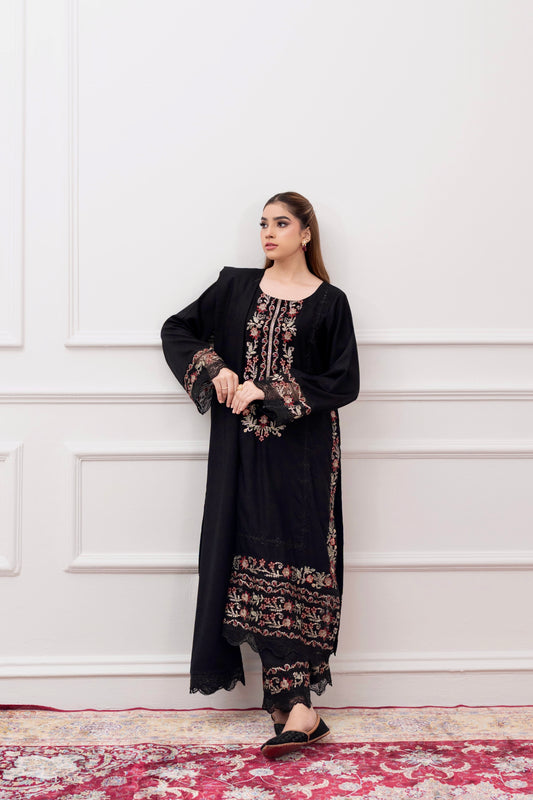 LUXURY BLACK KARANDI 3 PCS READY TO WEAR SET (W-1001)
