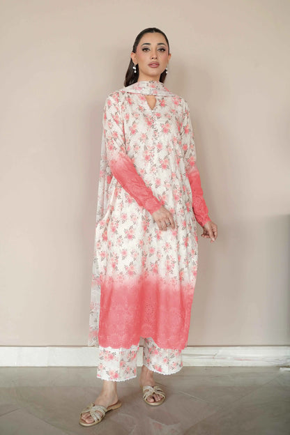 Peach blossom embroidered lawn shirt front view – Meryl Wear