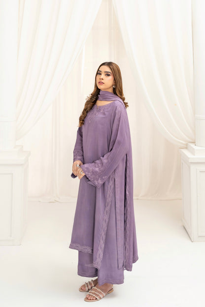 Lilac silk dupatta drape full outfit view – Meryl Wear