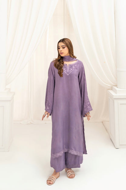 Lilac mist embroidered silk shirt front view – Meryl Wear