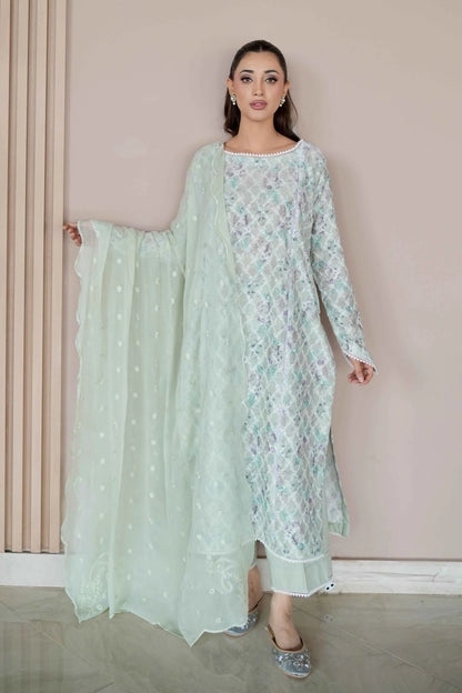 SAGE BREEZE EMBROIDERED 3 PIECES LAWN SET full view - Meryl Wear