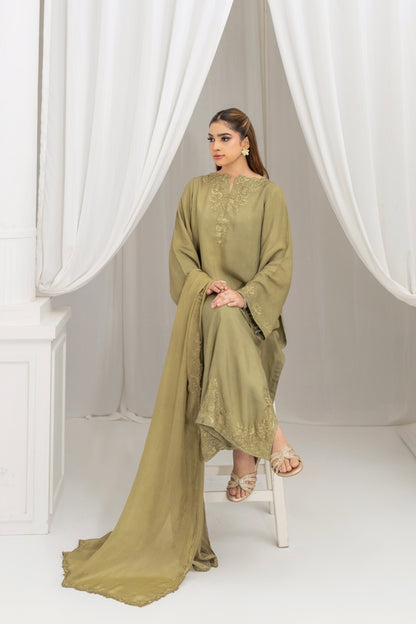 Luxury moss green silk 3 piece ready to wear Pakistan – Meryl Wear