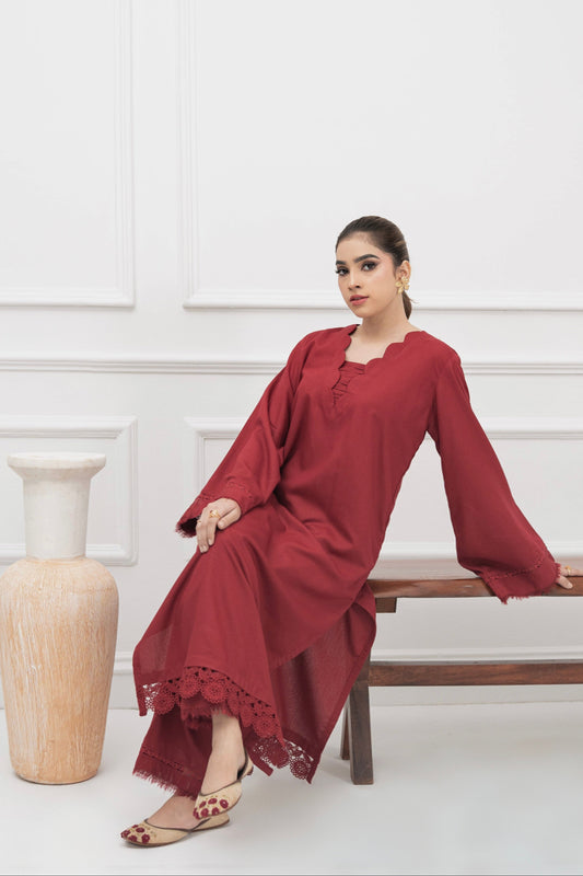 DEEP MAROON KARANDI 2 PCS READY TO WEAR SET (W-1003)