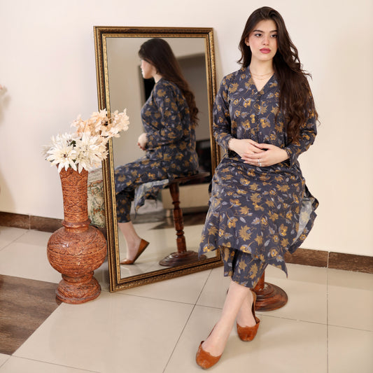 DARK BLUE CO-ORD 2 PCS READY TO WEAR SET SUMMER PRET 2024 (S-24002)